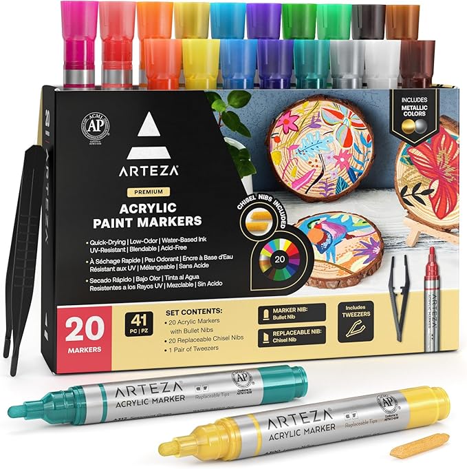 ARTEZA Acrylic Paint Markers, Set of 20 Acrylic Paint Pens in Assorted Colors, Art Markers for Glass, Pottery, Ceramic, Plastic, Rocks, and Canvas