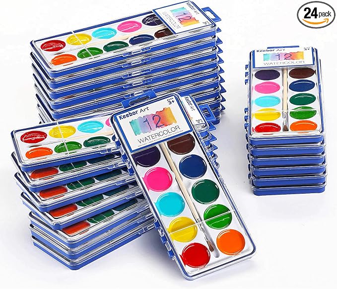 Watercolor Paint Set for Kids, 12 Colors, 24 Pack Washable Water Colors for Party Favors, Gifts, Classroom Supplies (Wood Brushes Included) | Washable Water Colors for Party Favors, Gifts, Classroom Supplies (Wood Brushes Included)