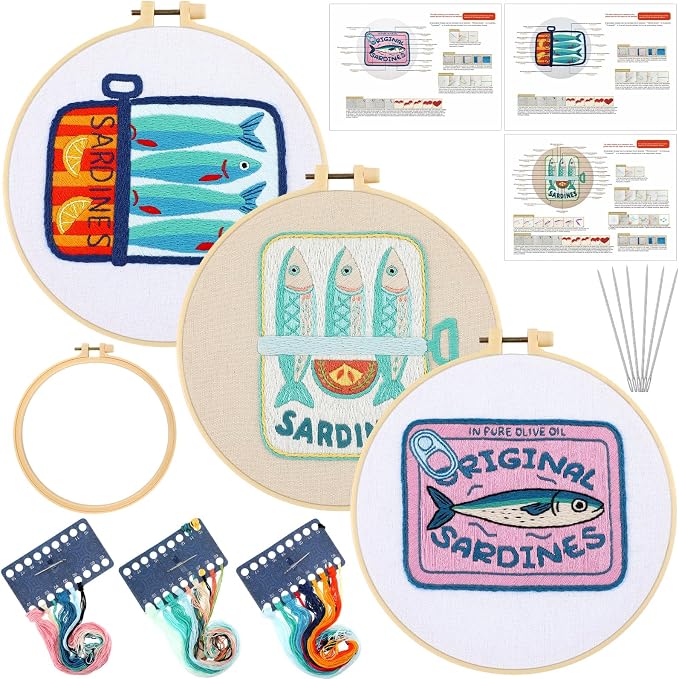 Mindsoft 3 Set Needlepoint Kit for Beginners with Hoop,Sardine | Bamboo Hoop Thread Needles Instructions, Easy Hand Embroidery for Beginners Home Crafts,Pre-stamped Funny Cute Designs