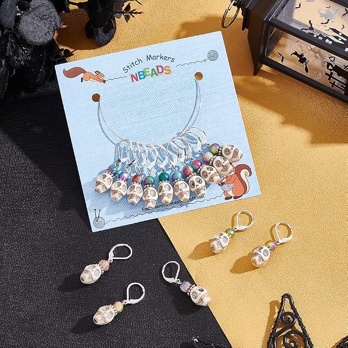NBEADS 15 Pcs Skull Stitch Markers, Skull and Colorful Acrylic Beads Crochet Stitch Marker Charms Removable Locking Stitch Marker for Knitting Weaving Sewing Accessories Quilting Handmade Jewelry