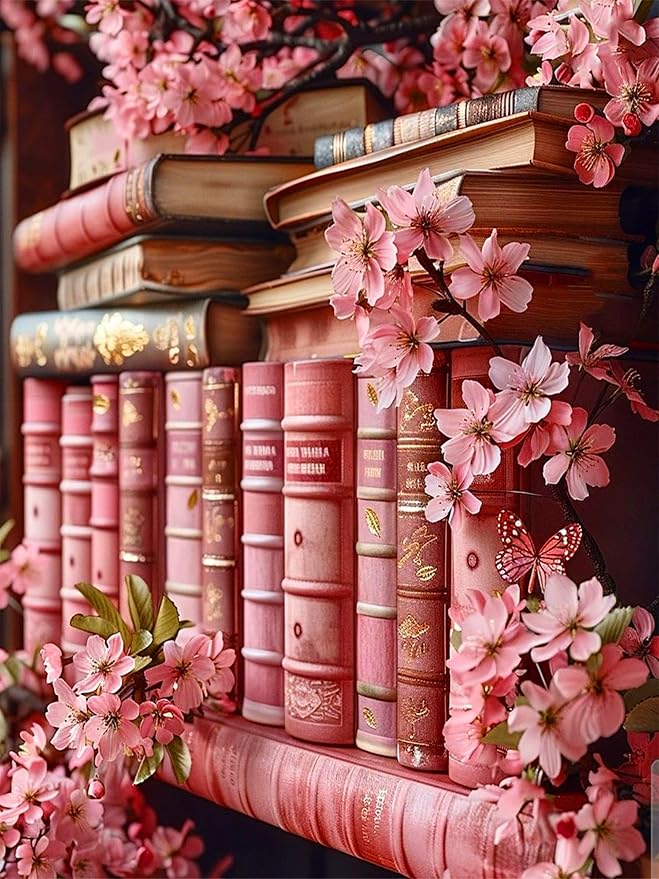 Diamond Art Kits for Adults Pink Bookshelf Diamond Painting Kit 12x16in | 5D Flowers Diamond Art Painting Kit for Adult, DIY Full Round Drill Pink Gem Art Diamond Dots Kits for Home Wall Decor Gift