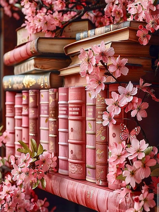 Diamond Art Kits for Adults Pink Bookshelf Diamond Painting Kit 12x16in | 5D Flowers Diamond Art Painting Kit for Adult, DIY Full Round Drill Pink Gem Art Diamond Dots Kits for Home Wall Decor Gift