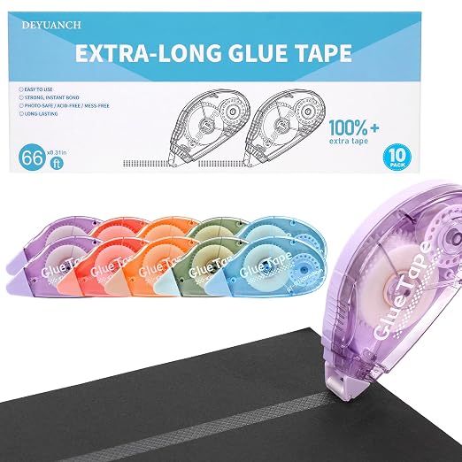 Upgrade 3X Longer Glue Tape, 10-Pack Total 219 Yards, Photo-Safe Acid-Free Double Sided Tape for Crafts, Scrapbook and Junk Journal Supplies (0.31 in × 65.62 ft, Multicolor)