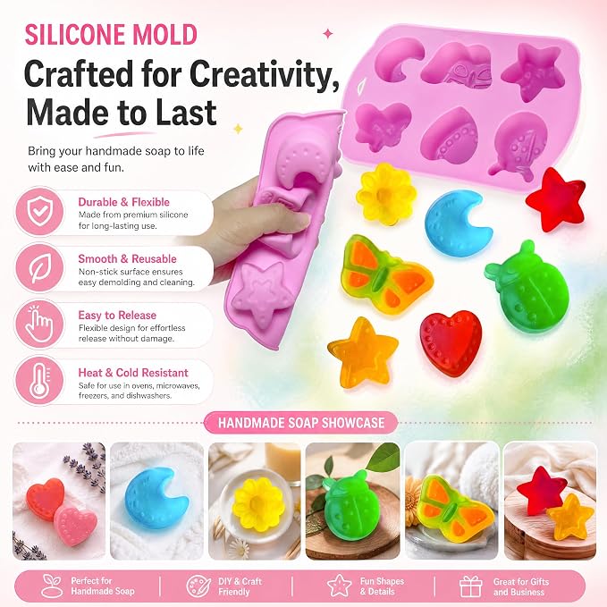 EDSRDRUS Beginner Soap Making Kit for Adults - DIY Craft Kits with Glycerin Soap Base, 6-Hole Silicone Molds, Colorants, Essential Oil - Creative Hobby Starter Set