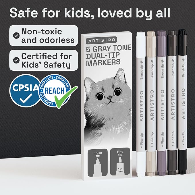 ARTISTRO 5 Gray Tones Dual-Tip Acrylic Paint Marker Pens for Drawing | For Fabric, Rock, Glass, Wood, & Molds, Arts & Crafts Gift for Adults, Teens, & Kids, Classroom Must Haves & School Supplies