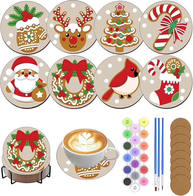 8 Pack Christmas Paint by Number Kits Coasters with Holder Cork Pads | Paint by Numbers Kits for Adults Simple Round Oil Painting Coaster for Small DIY Craft Holiday Birthday Gifts 3.9x3.9in