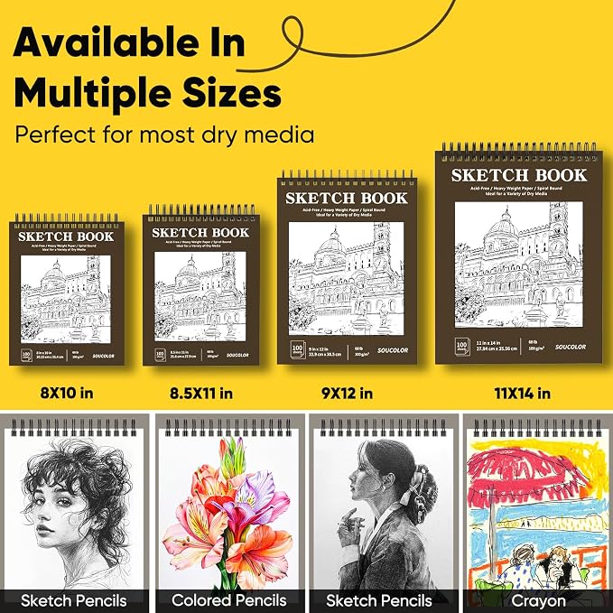Soucolor 8x10 Sketch Book, 100 Sheets, 68lb Acid-Free Spiral Bound Pad | 68lb acid-free paper, no bleed-through, lay-flat spiral binding — perfect for kids, students & artists. Portable 8x10 size