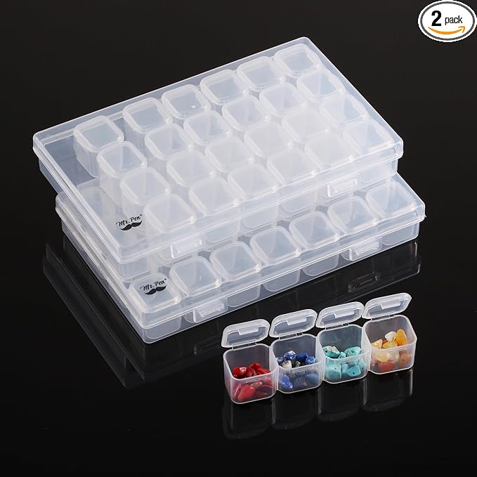 Mr. Pen- Bead Storage Containers, 28 Grids, 2 Pack, Clear White | 160pcs Label Stickers, Transparent, Small Bead Organizer Box, Diamond Art, Diamond Painting Organizer