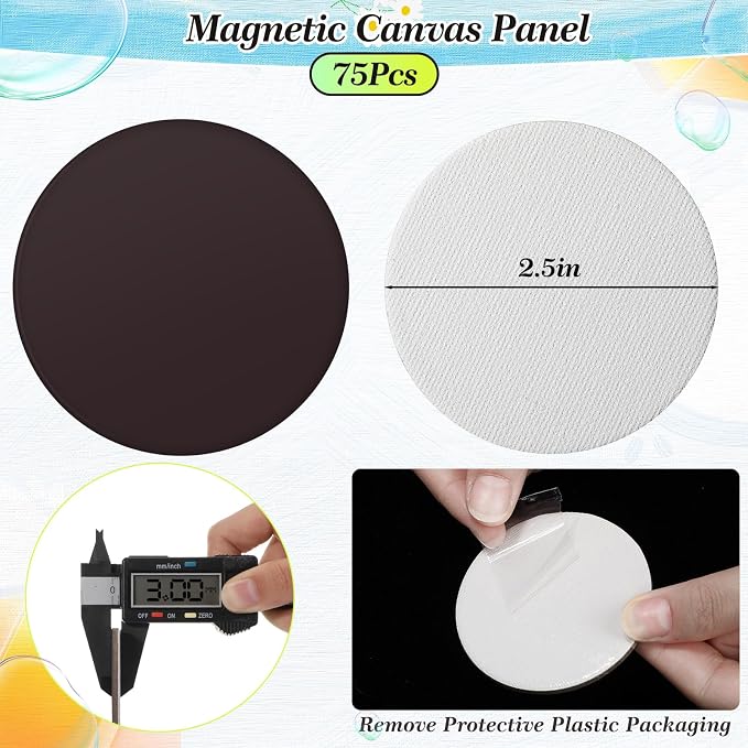 Nezyo 75 Pieces Magnetic Painting Canvas Panel Mini Canvas Boards Mini Canvases Tile Art for Painting Magnetic Fridge Locker Art Paints Crafts DIY Kit(Round,2.5 Inch)