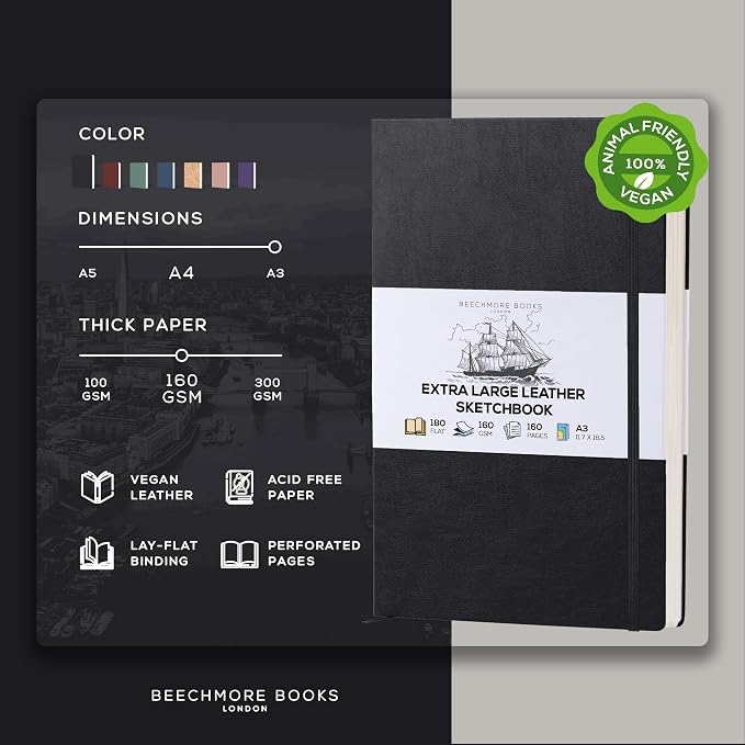 Beechmore Books A3 11.7x16.5 Mixed Media Sketchbook 160 GSM/98lb, Gift Box | Hardcover Drawing Pad with Lay-Flat Binding, Extra Large Perforated Ivory Paper for Studio Drawing & Watercolor Work