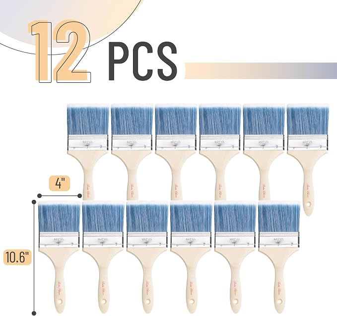 Bates- Paint Brushes, 4-Inch, 12 Pack, Treated Wood Handle, Paint Brushes for Walls, Stain Brush, Wall Paint Brushes, Furniture Paint Brush, Paint Brushes for Painting Walls, Painting Brush