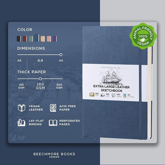 Beechmore Books A3 11.7x16.5 Mixed Media Sketchbook 160 GSM/98lb, Gift Box | Hardcover Drawing Pad with Lay-Flat Binding, Extra Large Perforated Ivory Paper for Studio Drawing & Watercolor Work