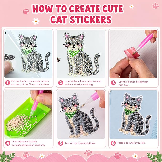 Labeol Diamond Art Kits for Kids Boys and Girls Ages 6-8-10-12 Easy to DIY Creative Diamond Art Sticker Craft by Numbers Kits for Kids and Adult Beginners (Cat)