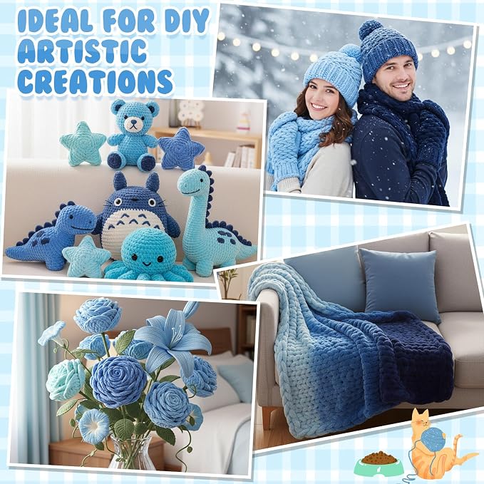 Buryeah 8 Pack Chunky Chenille Yarn for Crocheting (Blue Series)