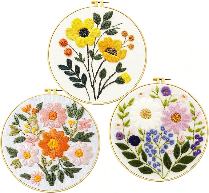 Zhenqing Floral Embroidery Kit for Beginners, 3 Patterns, 7.8in Hoop