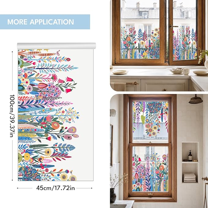ADD.HERES Window Privacy Film,Colorful Floral Window Stickers,Removable DIY Bouquet Static Clings, Decals for Home School Office Party Supplies, Vivid Flower Field, 17.5" x 78.7"