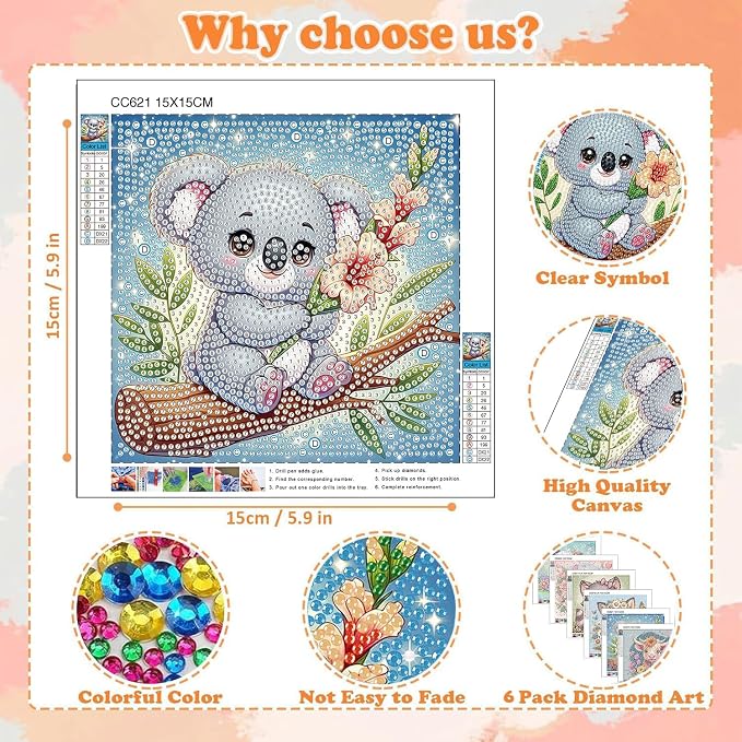 ajepon 6 Pack Animal Diamond Art Kits for Kids, Cute Animals Diamond Art for Kids Ages 8-12, Koala Panda Sloth Raccoon Fox Cow Diamond Painting Kits for Kid for Gift Home Wall Decor (6x6inch)