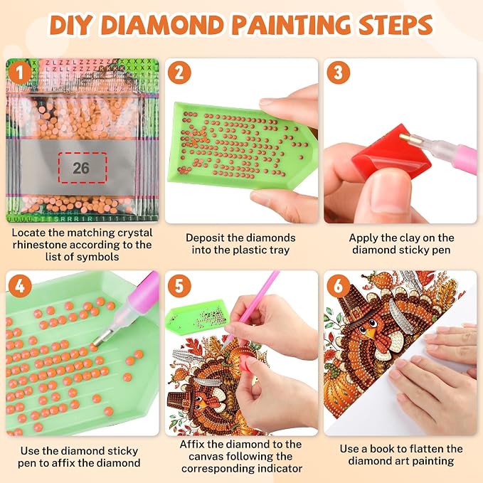 Bowetile Turkey Diamond Art Hanging Kits for Adults, Thanksgiving Diamond Art Suncatchers, 5D Halloween Pumpkin Diamond Painting Pendant Window Ornament Gifts for Home Door Wall Decor