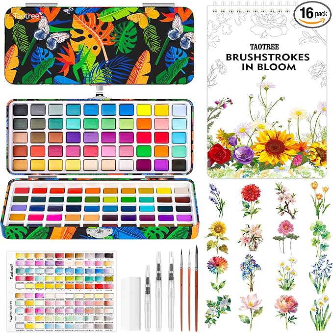 Taotree 100 Colors Watercolor Paint Set with 16 Different Flowers Designs | Watercolor Workbook, Water Coloring Book with Palette and Art Brush, Paint Set Art Supplies for Adults Beginners (Flowers)