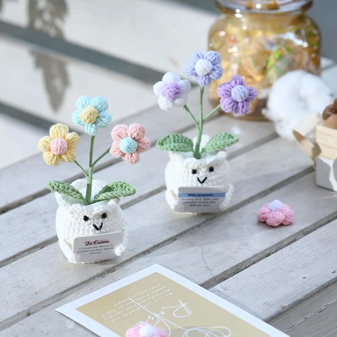 Crochet Sympathy Gifts for Loss of Loved One – Send Sympathy Crochet Puff Flower Potted Plant with Comfort Card – Bereavement, Grief Support Gift Idea for Grandpa Grandma Mom Dad Women Friends