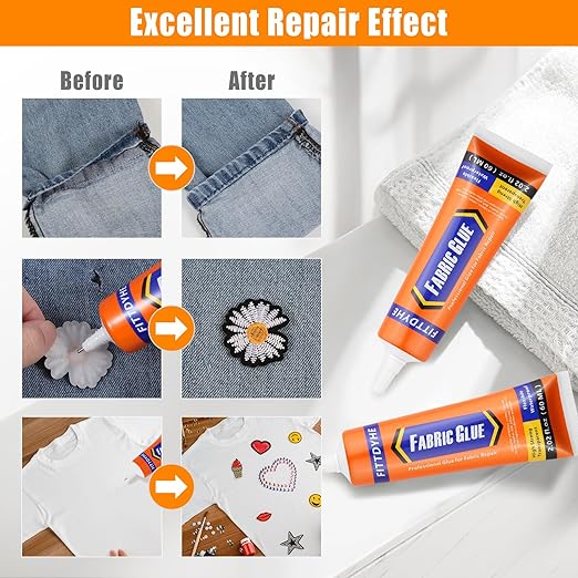 FITTDYHE Fabric Glue Permanent, 60 ML Washable Clear Clothing Glue, Super Fabric Glue for Rhinestones, Patches, Clothes, Denim, Leather, Polyester, Fabrics, Doll Repair, Flannel, Cotton