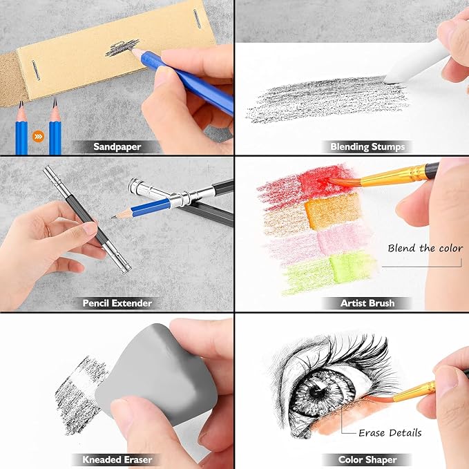 Caliart 176PCS Art Supplies Sketching Kit, 100 Sheets 3-Color Sketch Book | Graphite Colored Charcoal Watercolor & Metallic Pencils, Drawing Supplies Set Gifts for Artists Adults Teens Girls Boys Kids