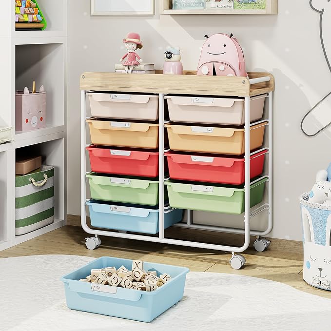 10 Drawer Rolling Storage Cart with Wood Top for Classroom Crafts Colorful | Easy Setup, Large Capacity, Sturdy Build, Lockable Mobility, For office, classroom and home supplies