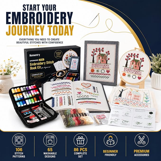 Embroidery Kit for Beginners | Video Tutorial, 3pcs Hoops, 106 Patterns, 65 Water Soluble Designs, 86PCS Sewing Supplies Set | Cross Stitch Book Kit | DIY Needlework Starter Craft Gift for Adults