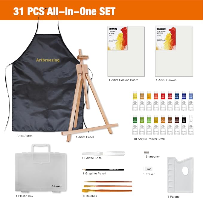 Artbreezing Acrylic Painting Kit with Art Easel,All-in-One Art Supplies | 31PC Painting Supplies with Canvas,Tabletop Easel for Painting,Brushes etc.Ideal Giftable Holiday Set for Kids and Adults.