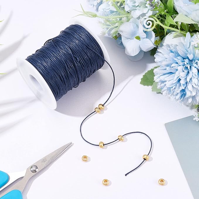PH PandaHall 1mm Waxed Cord,100 Yards Waxed Cotton Cord Blue Wax Thread Beading String Wax Craft String for Bracelet Necklace Jewelry Waist Beads Making Crafting Beading Macrame