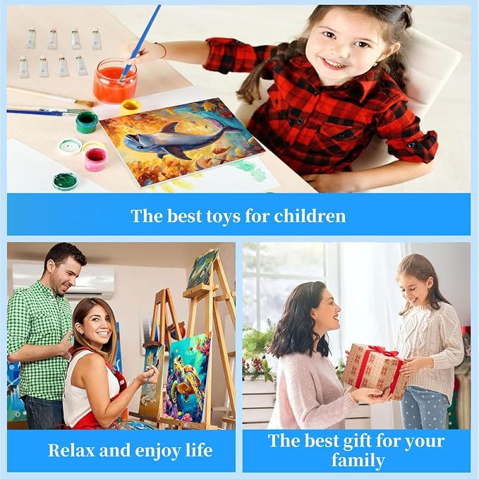 Arttoplus 4 Pack Paint by Numbers Kit for Kids with Frame Sea Animal 8x8in | Sea Animals Kids Paint by Numbers Ages 4-8-12 with Wooden Easel, Easy Oil Painting by Number for Gift Home Wall Decor