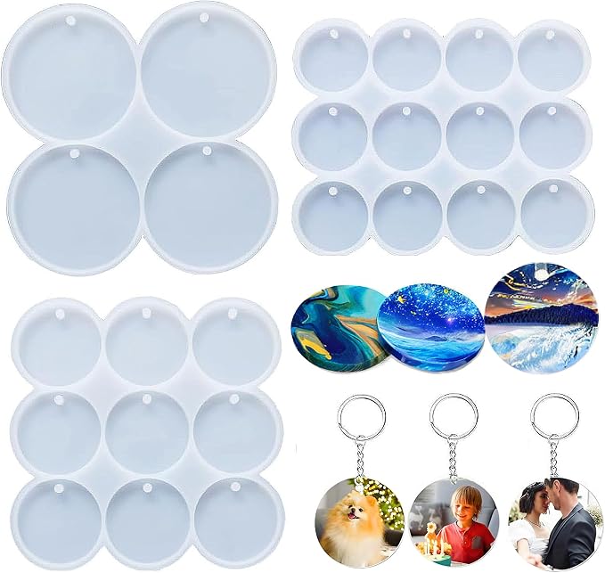 Circle Resin Molds Silicone,Flat Circle Silicone Molds for Resin | 25-Cavity 3 Set Shiny Flat Circle Silicone Molds for Resin,Drilled Round Resin Keychain, Pendant ,Pet Tag，Christmas Decor