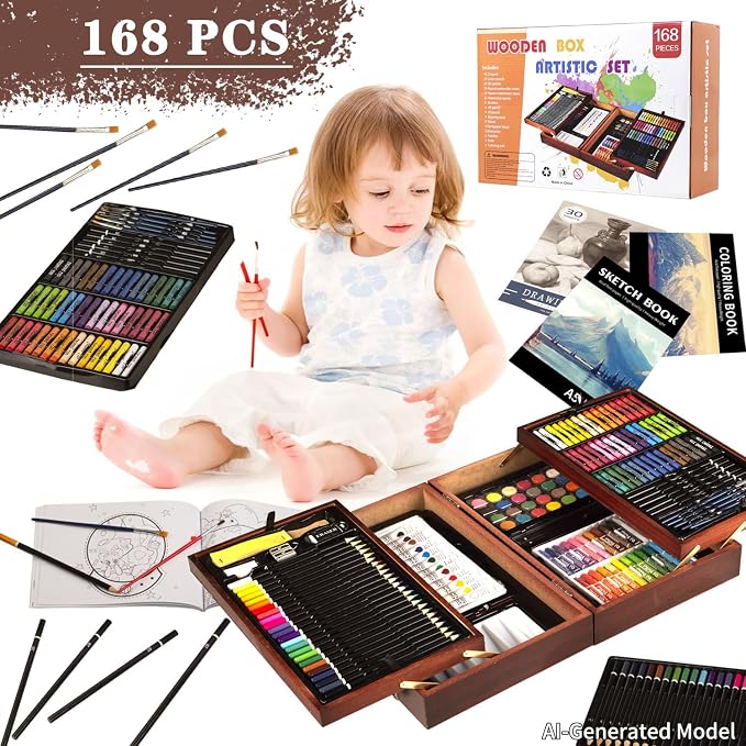 KINSPORY 168-Pack Art Supplies, Deluxe Wooden Art Set Crafts Drawing Painting Coloring Kit, 3 Pack Coloring Pads, Creative Gift Box for Artist Beginners Kids Girls Boys