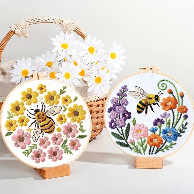 ORIGACH 6 Pack Bees & Flowers Embroidery Kits for Beginners, DIY Starter Hand Embroidery Kit with Floral & Bees Patterns and Instructions for Adults Women Crafting