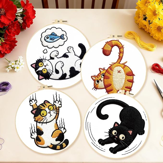 BEUNITONE 4PCS Fun and Funny Cat Embroidery Kit for Beginners, Cute Pre-Print Cat Pattern Hand Embroidery Kits with Hoop and Instruction, DIY Needlepoint Craft Kit for Gifts and Home Decor