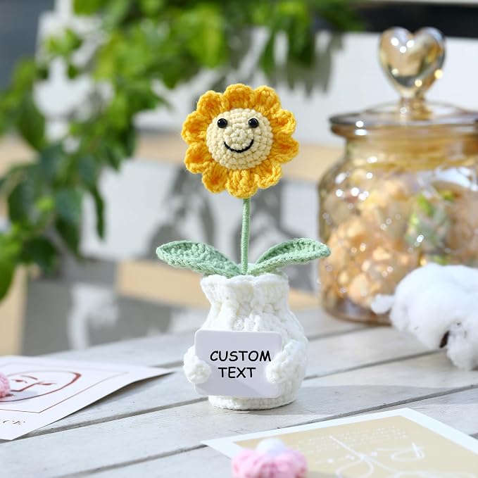 Personalized Handmade Positive Sunflower Doll Crochet with Card Custom Text - Appreciation Gift for Coworker, Teacher, Women, Mom, Friend - Customizable Thank You, Birthday, Christmas Gift
