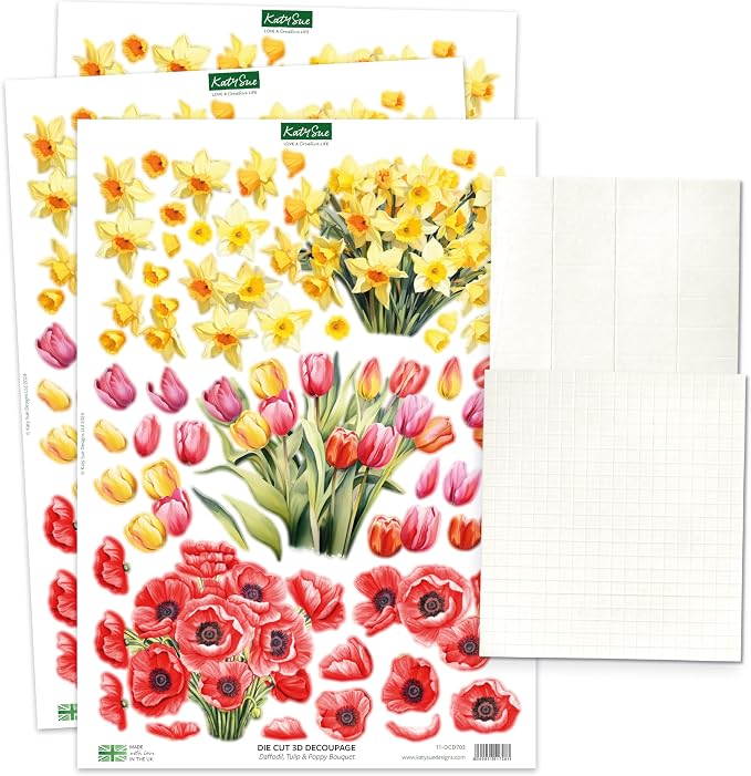 Katy Sue Watering Can Blossoms & Blooms Card Making Kit. 8 Shaped Cards, 3 Sheets of Floral Die Cut Decoupage, 8 Envelopes, Adhesive Foam Pads, & Instructions. For Card Making Supplies & Card Crafting