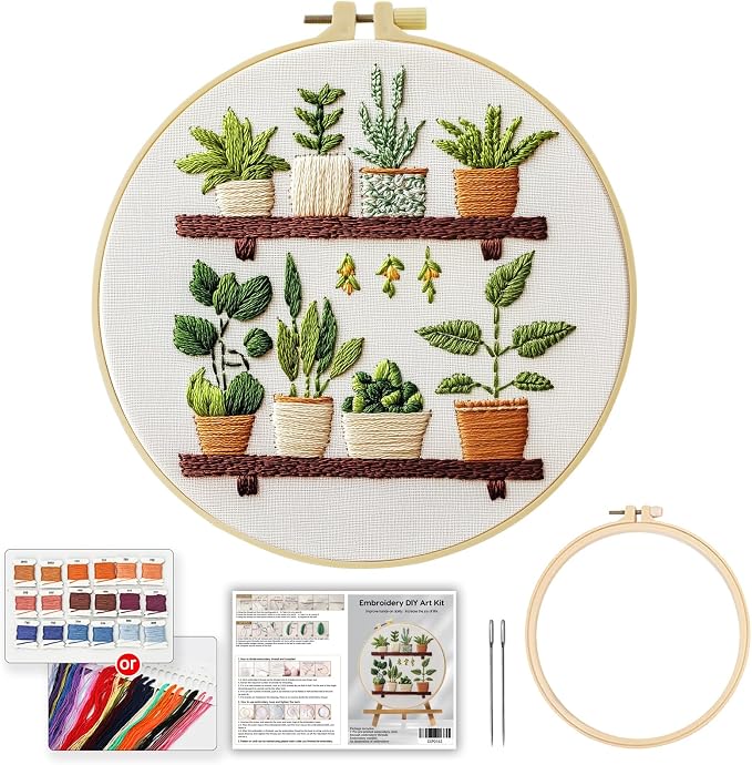 JOZYSH Full Range Embroidery Kit for Adult, Green Plant Pattern Embroidery Kit for Beginners Include Embroidery Cloth Hoops Threads for Craft Lover Hand Stitch with Embroidery Skill Techniques