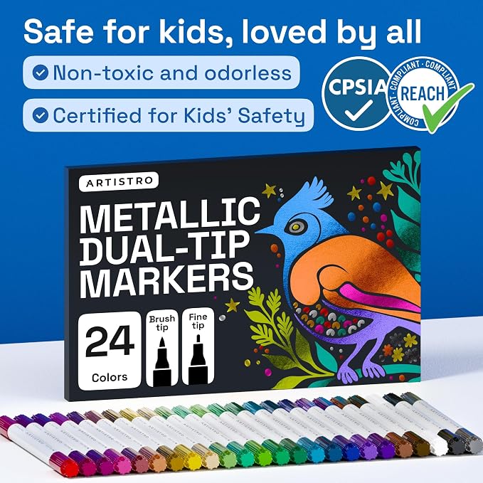 ARTISTRO Metallic Dual-Tip Acrylic Paint Marker Pens - Set of 24 | For Fabric, Rock, Glass, Wood, & Coloring Books, Arts & Crafts Gift, Classroom Must Haves & School Supplies (Dot & Fine Tips)