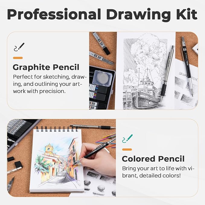 Nicpro 37PCS Art Drawing Supplies Kit | Metal Mechanical Pencil Set 0.5, 0.7, 0.9 & 2mm, 100 Sheets 9x12 Sketch Book, 288PCS Leads, School Supplies Drawing Kit