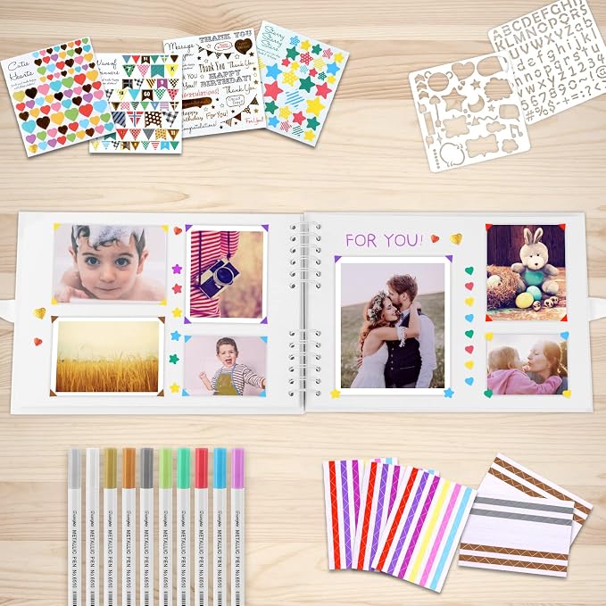 Gotideal 80 Pages Scrapbook Album with 10 Metallic Markers, White | Craft Paper Photo Album for Wedding and Anniversary, Family DIY Scrapbook Accessories with Scrapbooking Stickers Corners