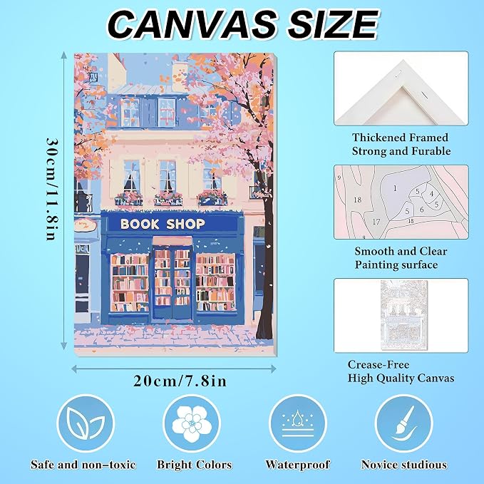 6 Pack Framed Book Store Paint by Number Kits for Adult with Easel (8x12in)