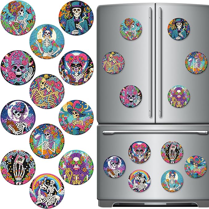 Zonon 12 Pcs Halloween Diamond Art Magnets Sugar Skull Diamond Painting | Colorful Skull Magnetic Stickers Kits for Adults, Easy DIY Fridge Decor for Party Home, Fun Craft