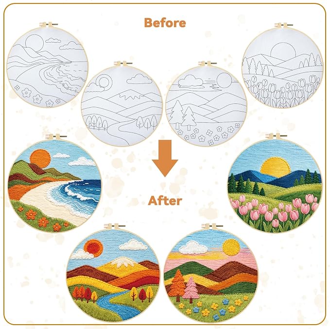 BEUNITONE 4 Set Embroidery Kit for Adults Beginner with Hoops & Instruction | Easy to Learn Landscape Stamped Embroidery Patterns, Includes Multiple Accessories, Gift for Craft Lovers Relaxation