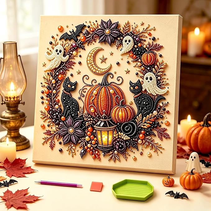 Irsnianianfa Halloween Pearl Art Kit for Adults,Diamond Art Painting Crafts Kit,Spooky Cute Witch & Pumpkin Canvas Art,DIY Fall Home Decor & Wall Art (A02)