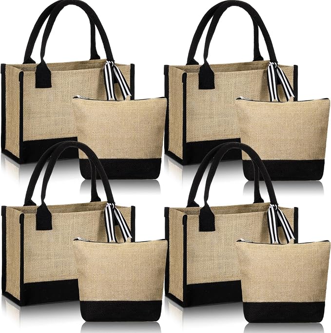 Sweetude 4 Set Jute Burlap Tote Bag with Canvas Makeup Pouch Reusable DIY Craft Blank Gift Bags for Wedding Bridesmaid(Simple,Black)