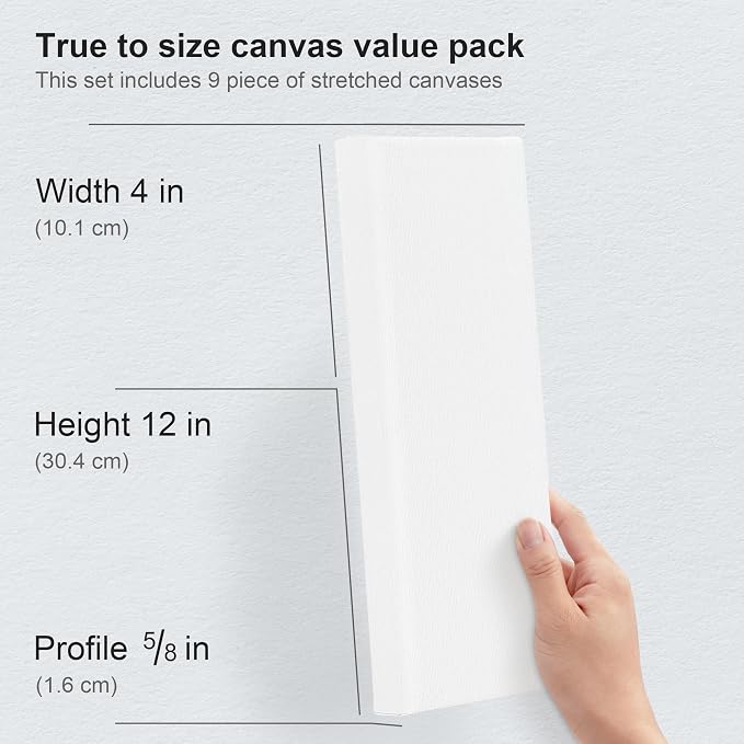 PHOENIX Skinny Stretched Canvas for Painting 4x12 Inch/9 Value Pack, 8 Oz Triple Primed 5/8 Inch Profile 100% Cotton White Blank Canvas, Rectangular Framed Canvas for Oil Acrylic & Pouring Art