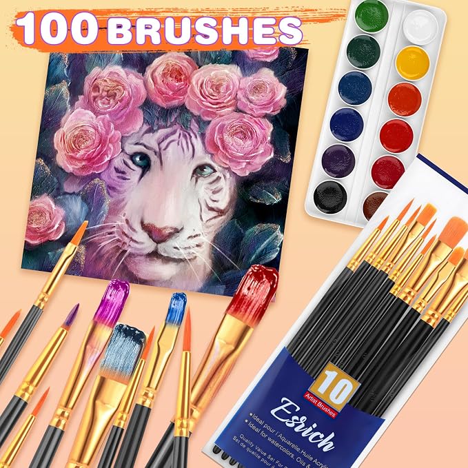 ESRICH 100PCS Paint Brushes, Paint Brush for Acrylic Painting | Artist Paintbrushes for Oil Watercolor, Body Face Rock Canvas, Small Paint Brushes for Kids, Black