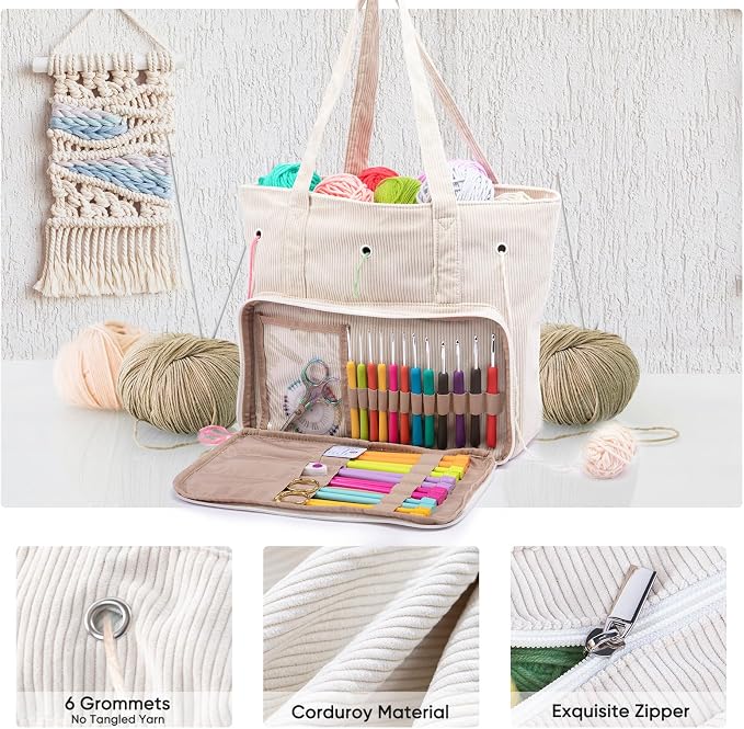 MYBAGZING Large Corduroy Yarn Bag - Tote for Crochet Hooks & Accessories - Knitting Storage Bag