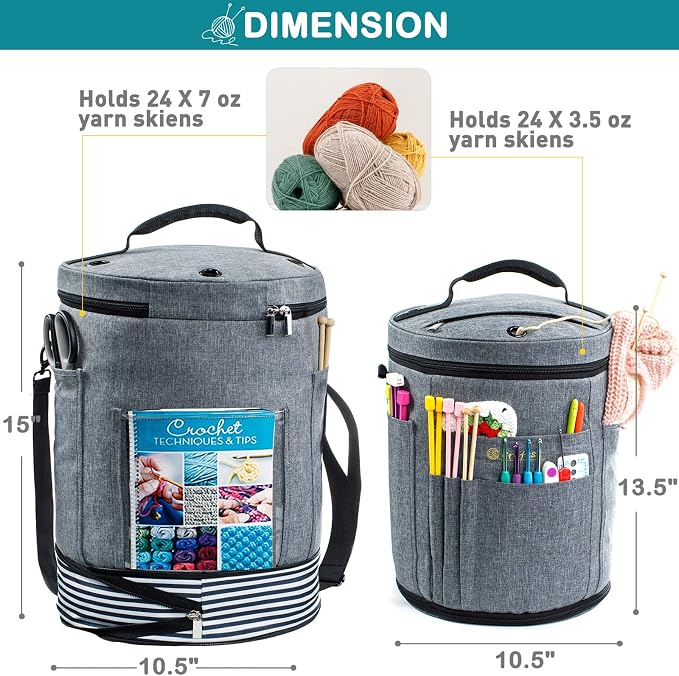 MYBAGZING Expandable Yarn Storage Organizer, Crochet Bag & Yarn Tote with Zipper Closure, Yarn Holder for Crocheting and Knitting for Yarn Skeins, Hooks, Needles, Accessories – Gift for Crafters
